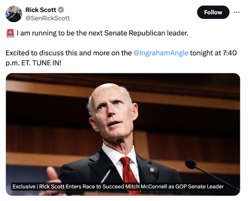 I am running to be the next Senate Republican leader. Excited to discuss this and more on the @IngrahamAngle tonight at 7:40 PM ET. TUNE IN!